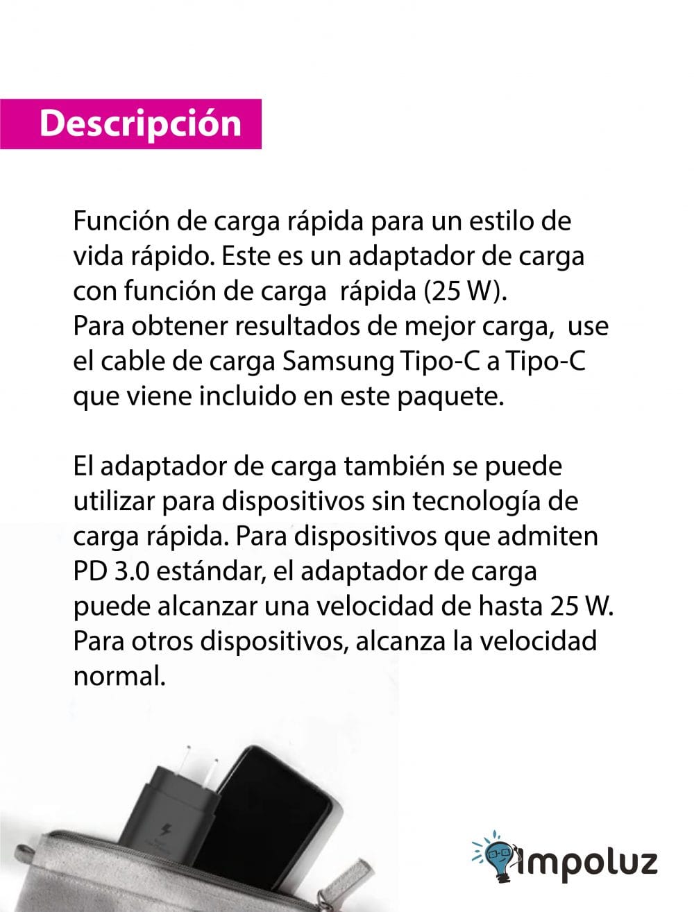 Descripción del cable tipo c samsung con cargador