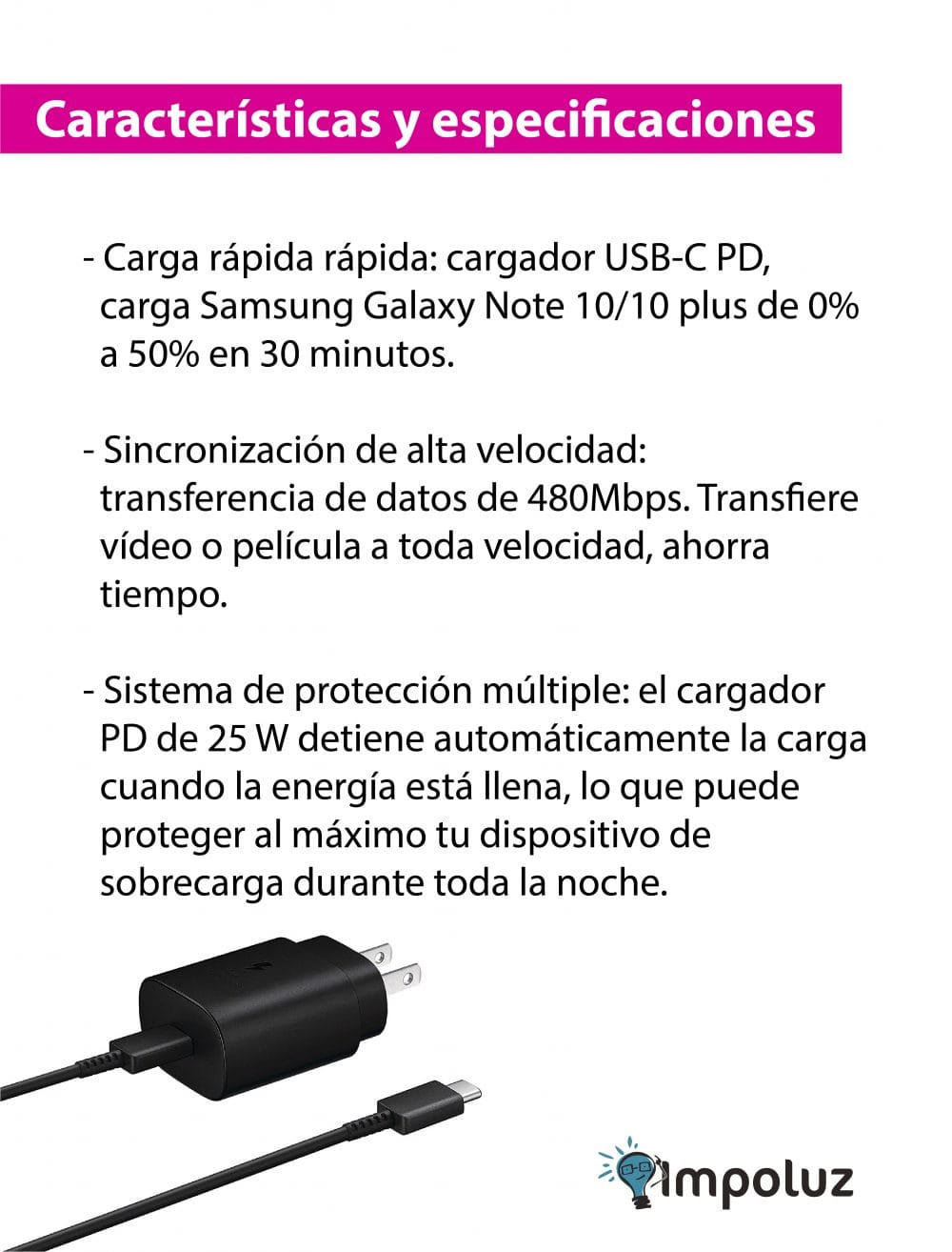 Características del cargador 25w de la marca samsung