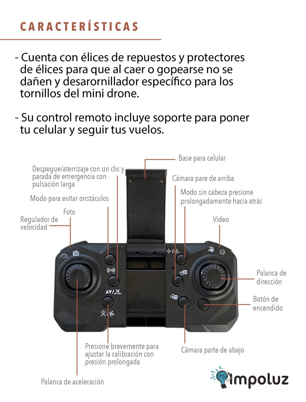 Características del control y dron dual camara larga duracion