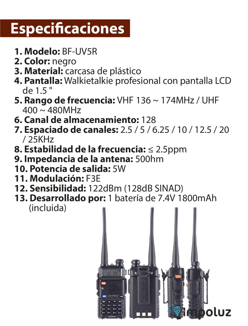 Especificaciones de los boquitoquis uv5r