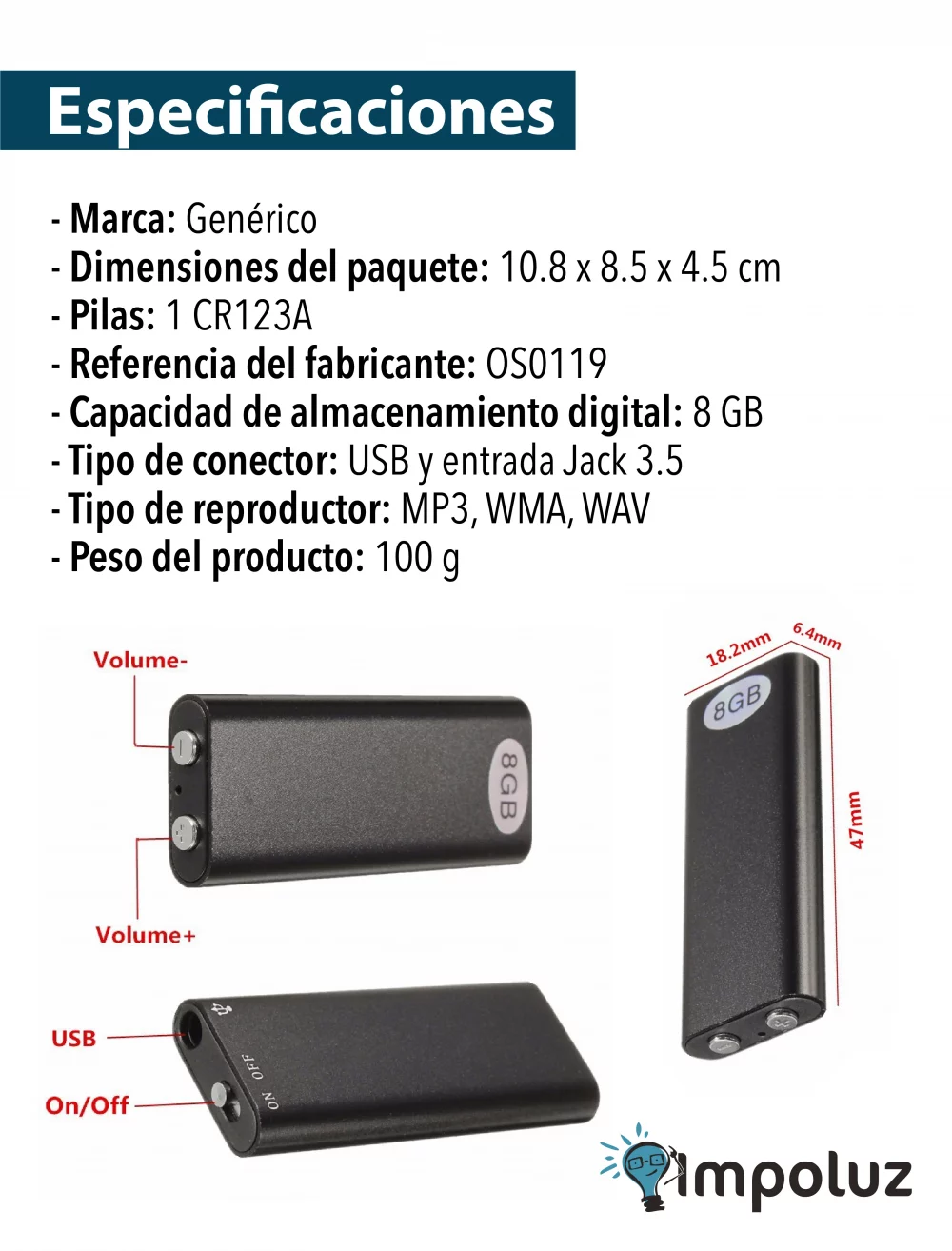 Especificaciones del micro espia