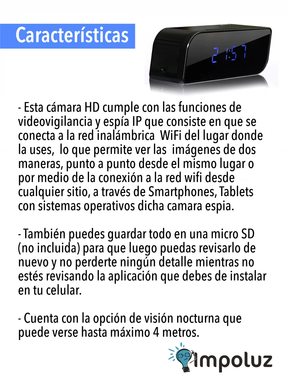 caracteristicas de la camara reloj espia wifi